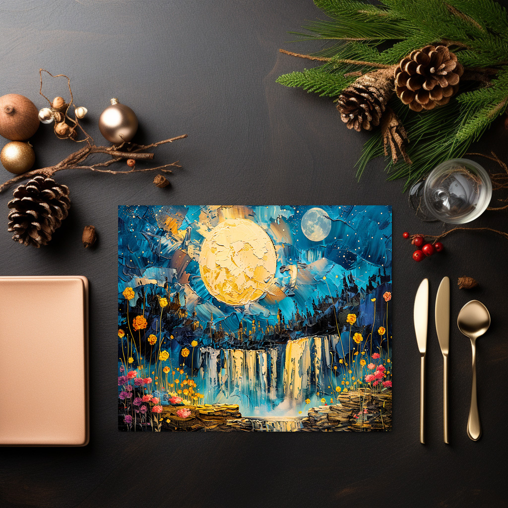 raxxa Premium-Tischset: Abstract watercolor illustration of full moon over waterfall – Bild 3