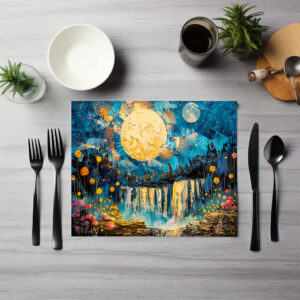 raxxa Premium-Tischset: Abstract watercolor illustration of full moon over waterfall