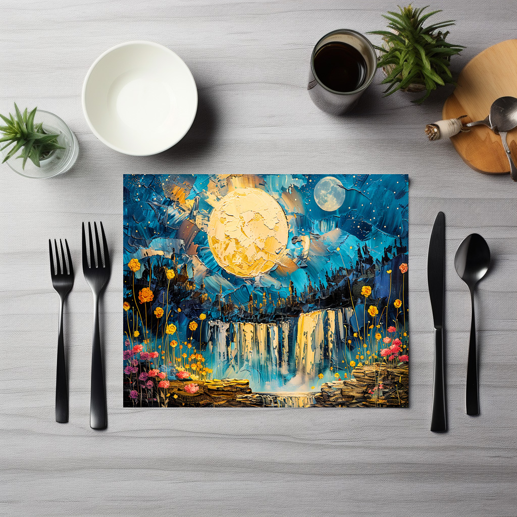 raxxa Premium-Tischset: Abstract watercolor illustration of full moon over waterfall