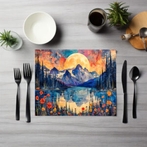 raxxa Premium-Tischset: Abstract watercolor illustration of full moon over snowy mountains and lake