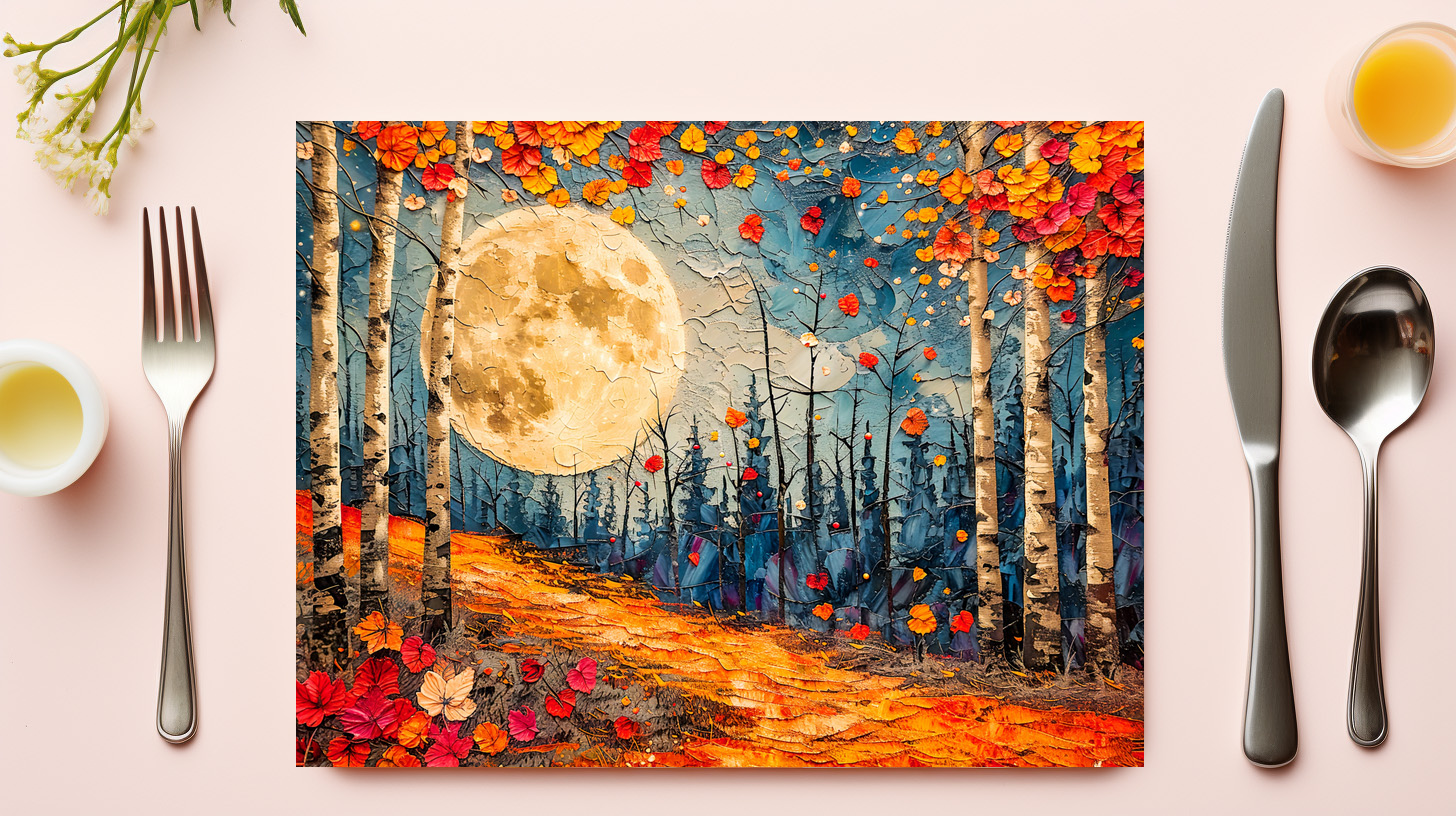 raxxa Premium-Tischset: Abstract watercolor illustration of full moon over autumn forest – Bild 3