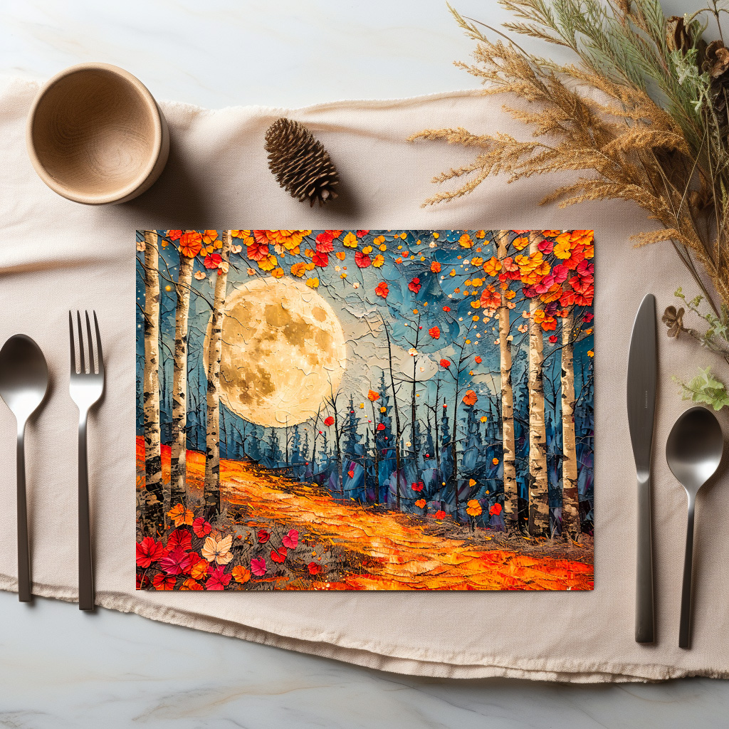 raxxa Premium-Tischset: Abstract watercolor illustration of full moon over autumn forest – Bild 2