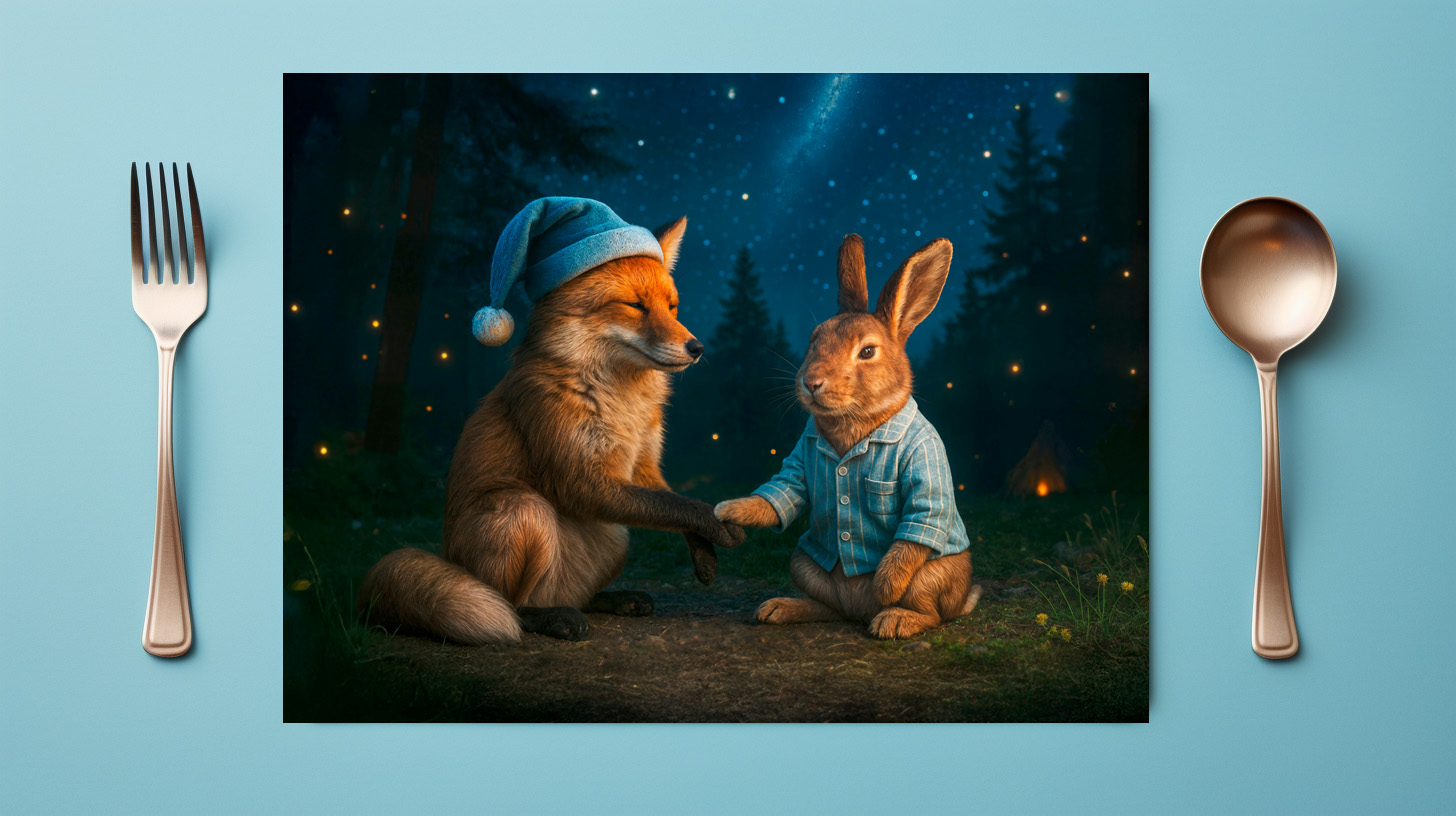 raxxa Premium-Tischset: Fox and Hare Say Goodnight in Forest