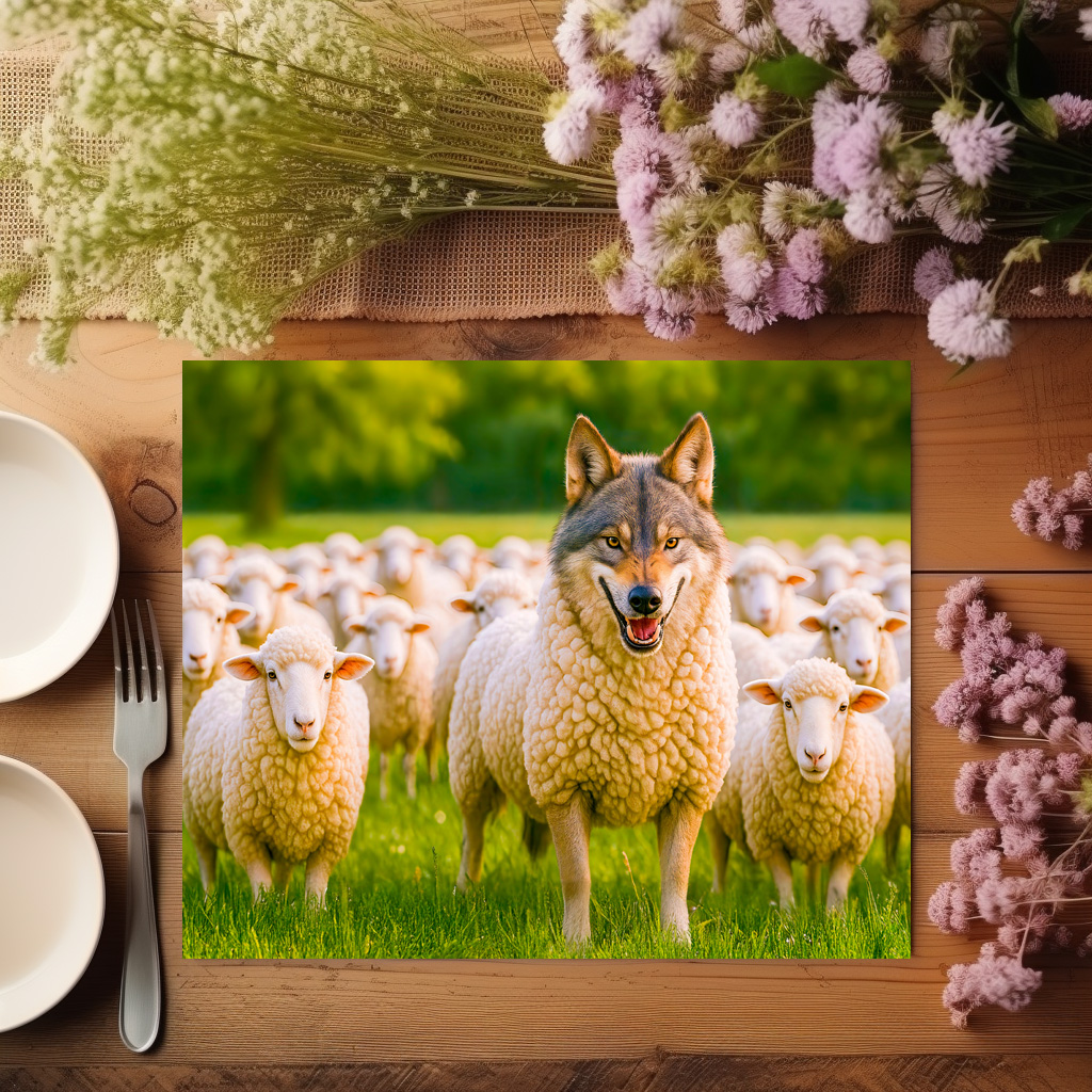 raxxa Premium-Tischset: Wolf Disguised Among Sheep in Meadow – Bild 2
