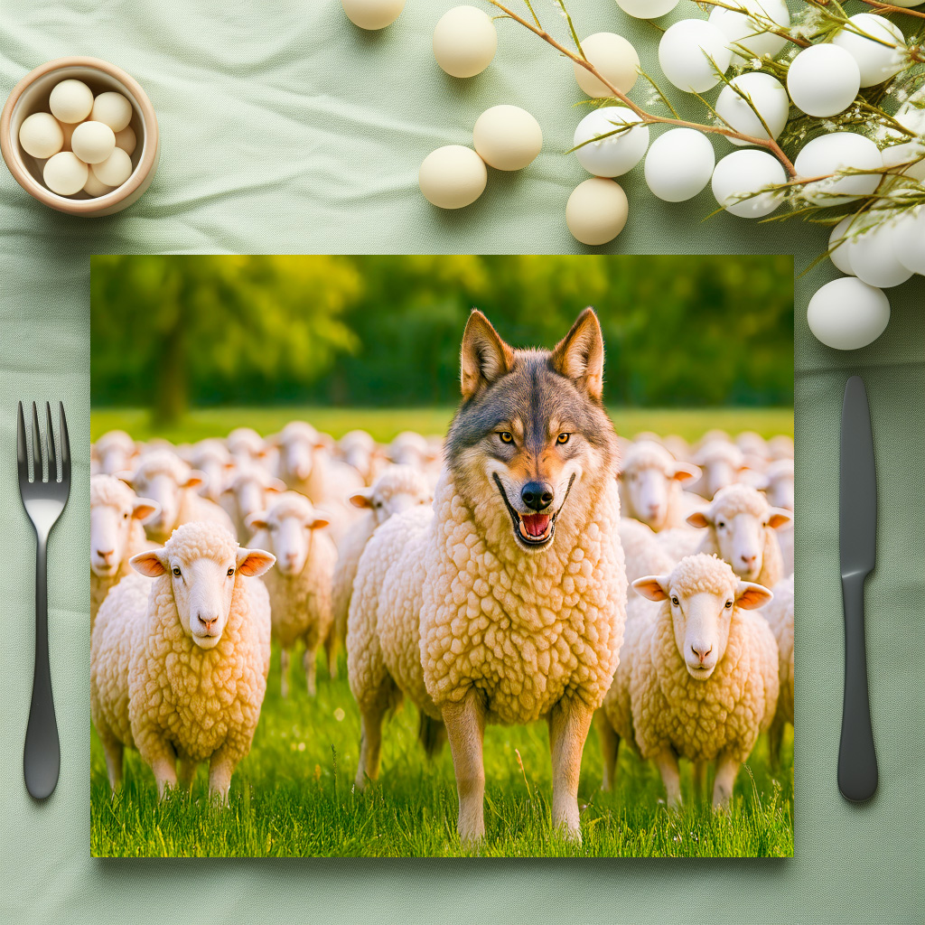 raxxa Premium-Tischset: Wolf Disguised Among Sheep in Meadow