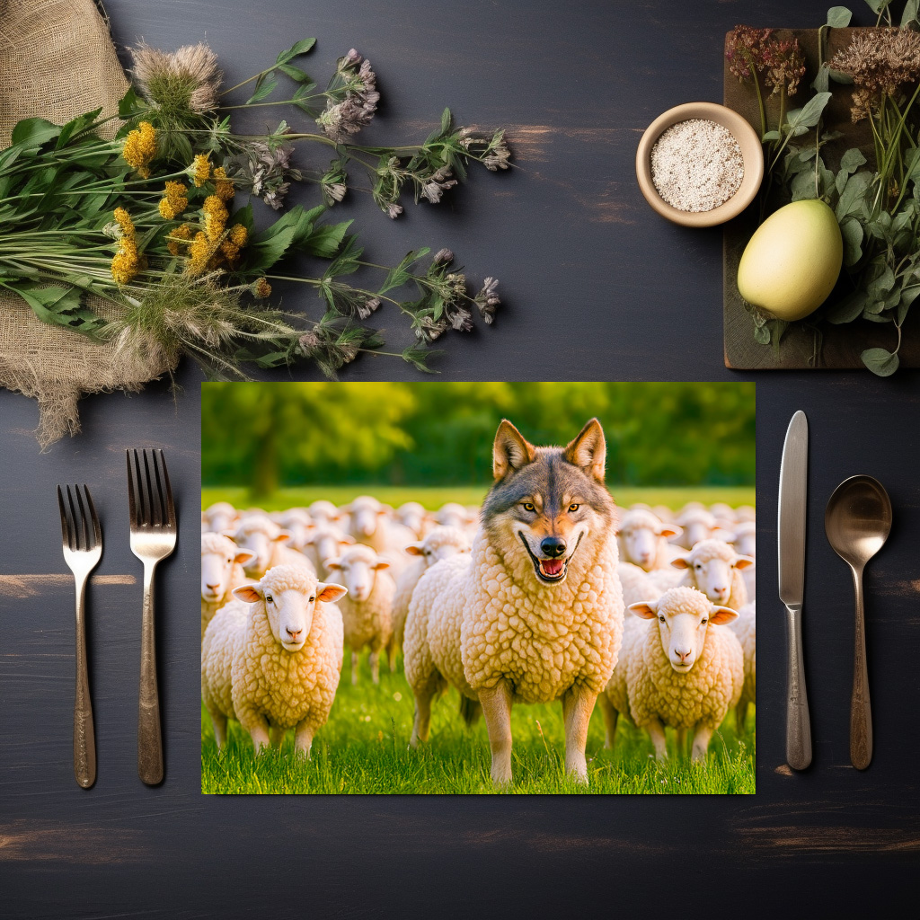 raxxa Premium-Tischset: Wolf Disguised Among Sheep in Meadow – Bild 3