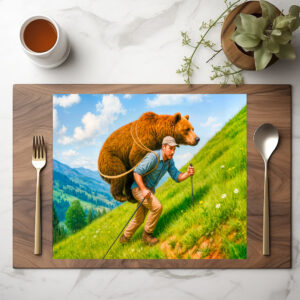 raxxa Premium-Tischset: Hiker Carries a Bear Up a Mountain
