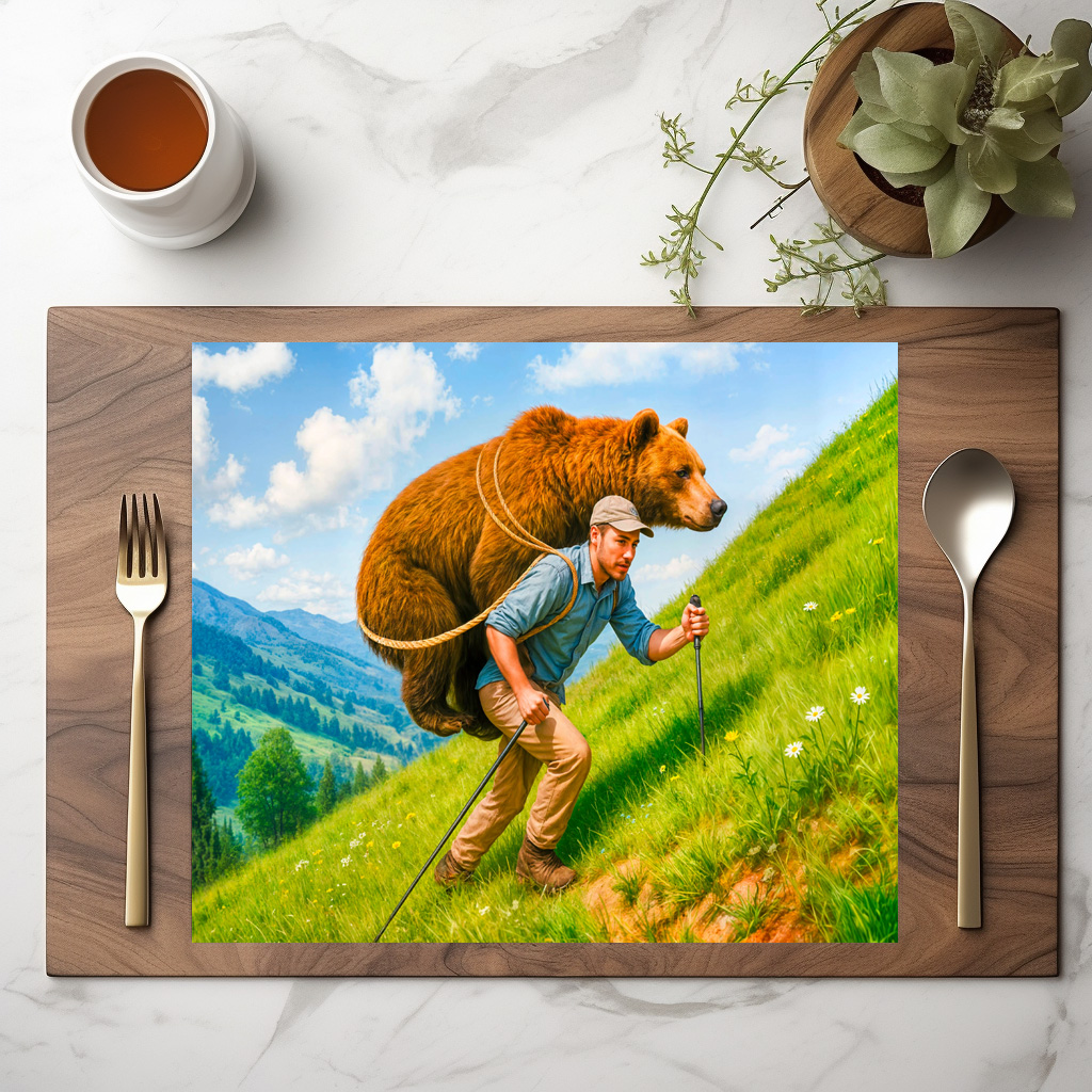 raxxa Premium-Tischset: Hiker Carries a Bear Up a Mountain