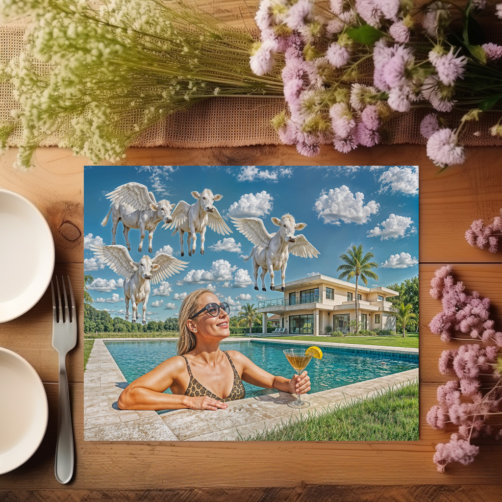 raxxa Premium-Tischset: Rich Woman Watches Flying Cows from Pool - Imagen 3