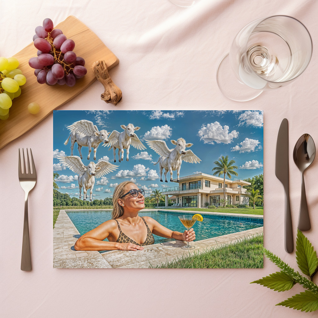 raxxa Premium-Tischset: Rich Woman Watches Flying Cows from Pool