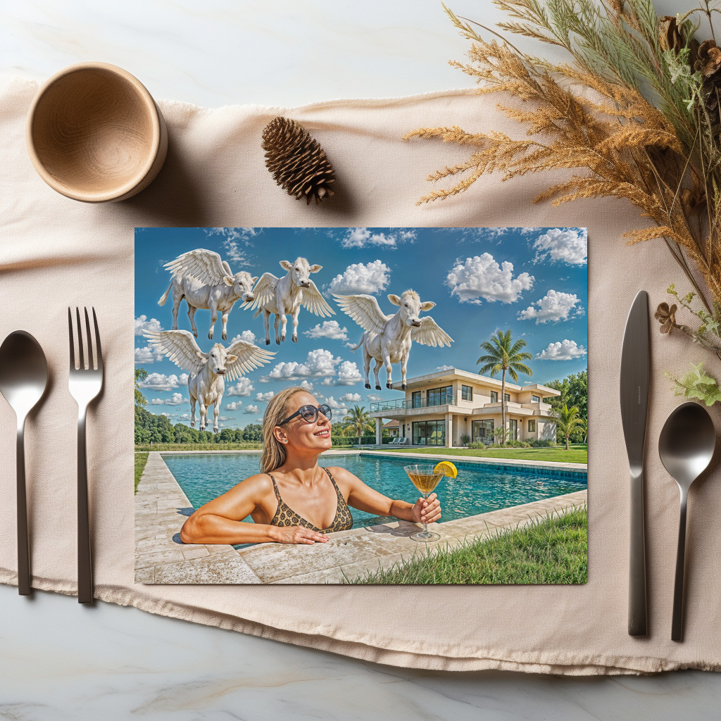raxxa Premium-Tischset: Rich Woman Watches Flying Cows from Pool - Imagen 2