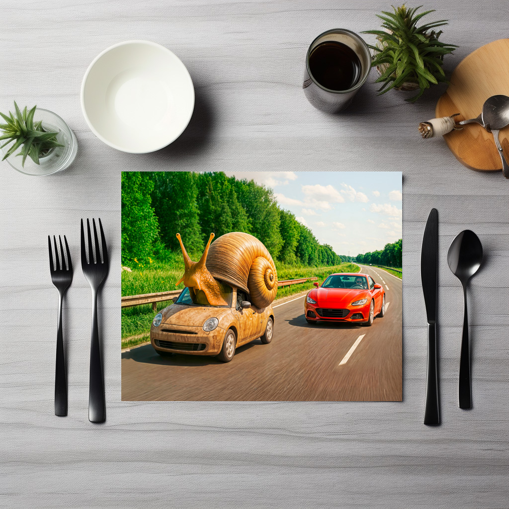 raxxa Premium-Tischset: Snail Car Crawling on Country Road