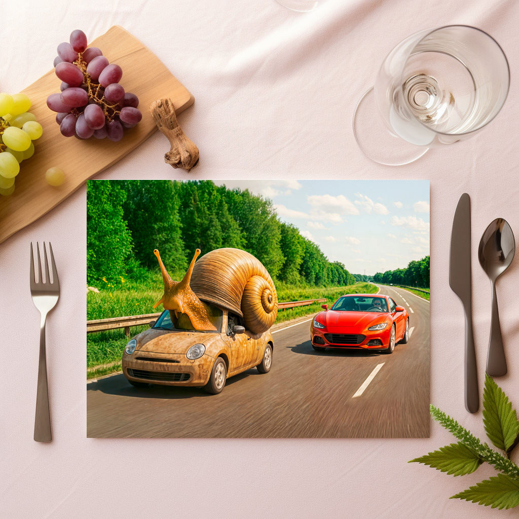 raxxa Premium-Tischset: Snail Car Crawling on Country Road - Image 2