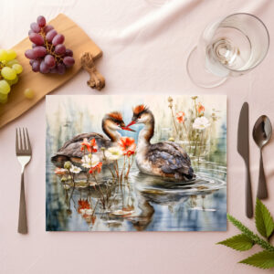 raxxa Premium-Tischset: Two grebes among white pond plants