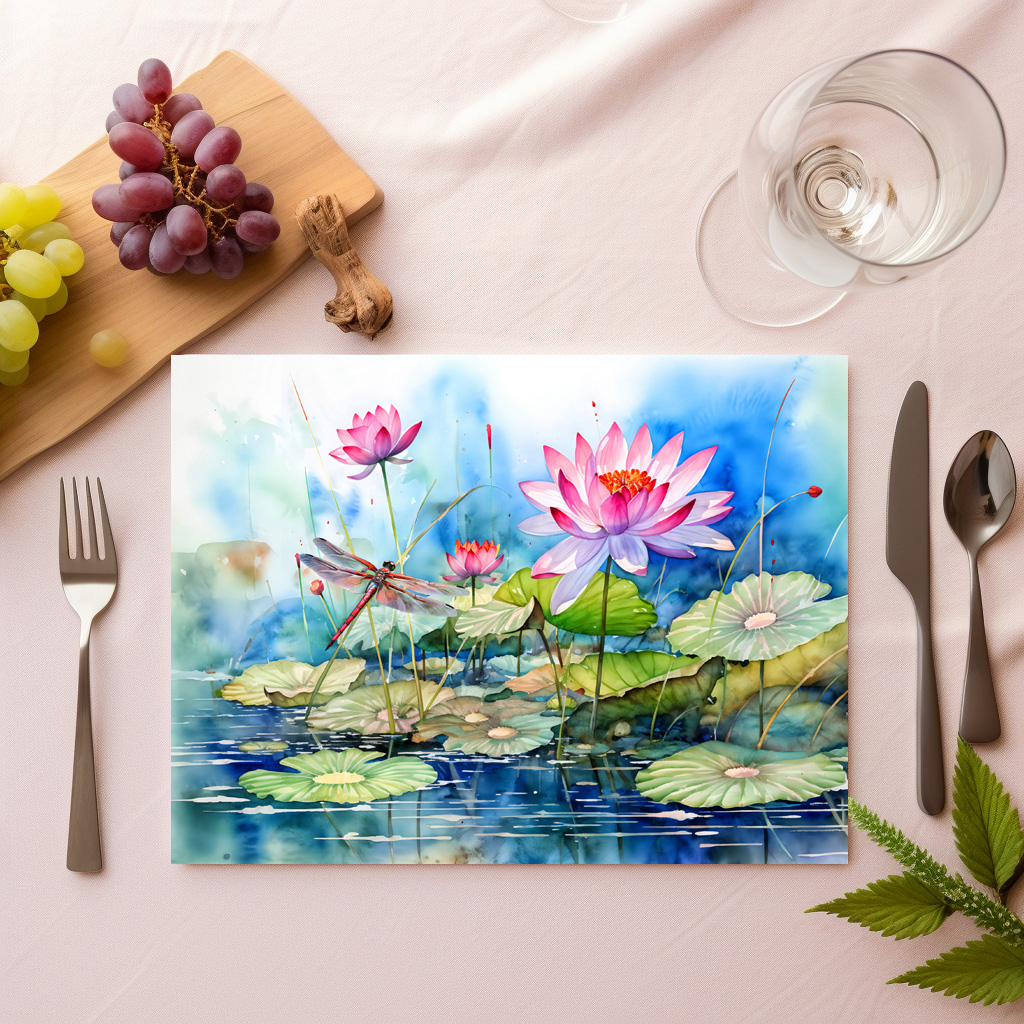 raxxa Premium-Tischset: Dragonfly flying through pink water lilies