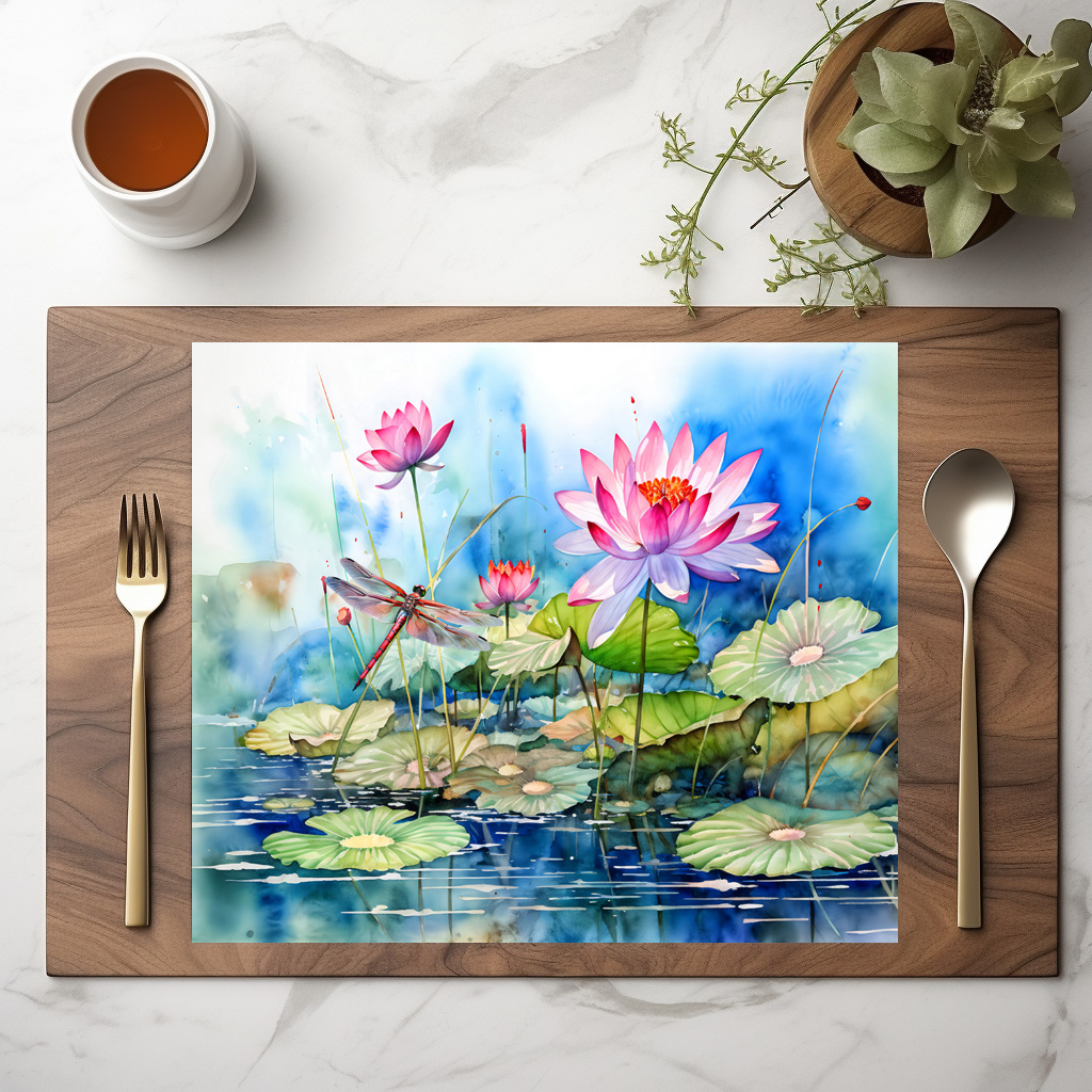 raxxa Premium-Tischset: Dragonfly flying through pink water lilies - Image 2