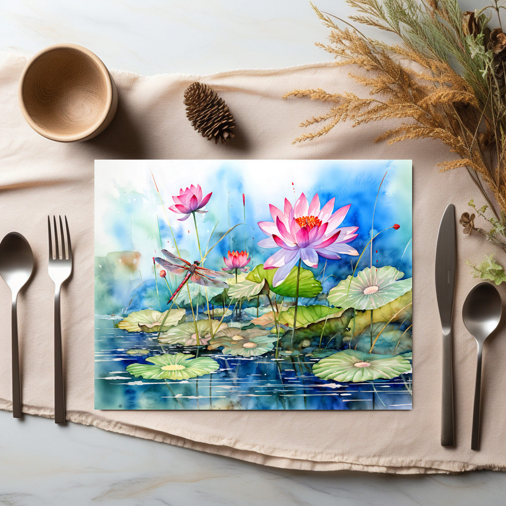 raxxa Premium-Tischset: Dragonfly flying through pink water lilies - Image 3