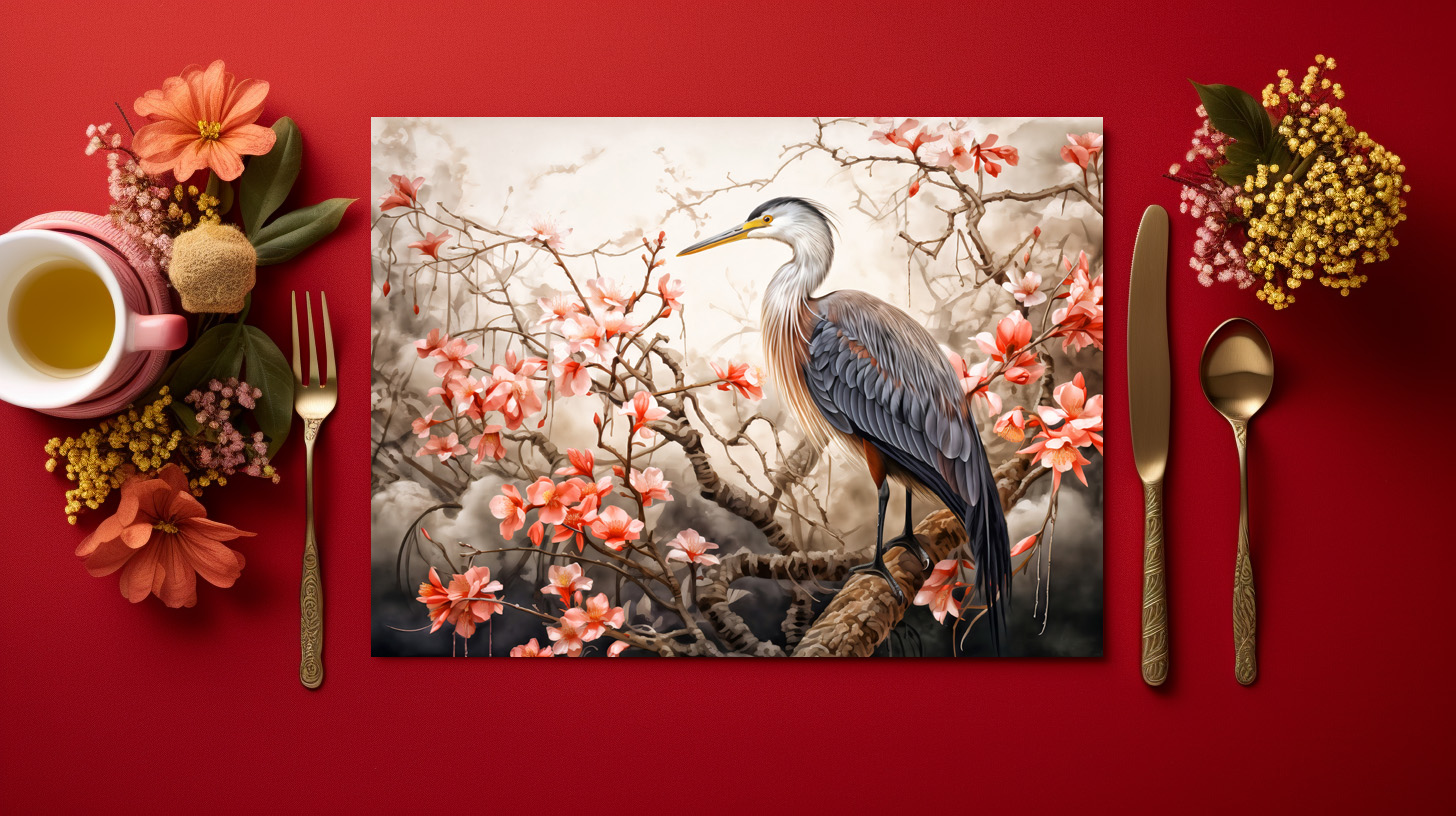 raxxa Premium-Tischset: Heron in red foliage pond illustration