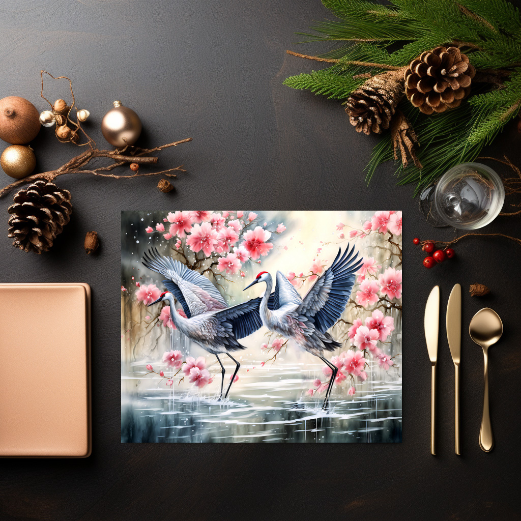 raxxa Premium-Tischset: Cranes in water with floral reflections