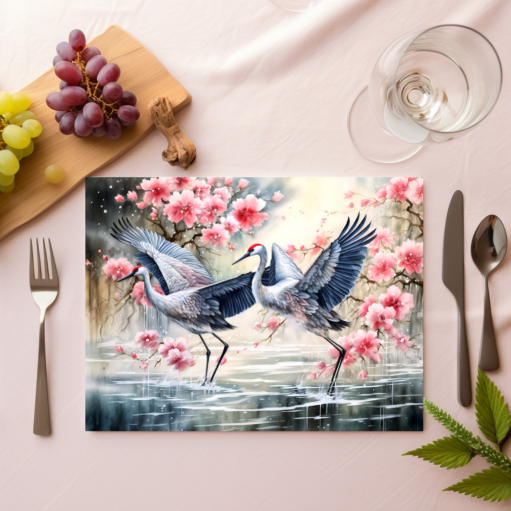 raxxa Premium-Tischset: Cranes in water with floral reflections - immagine 2