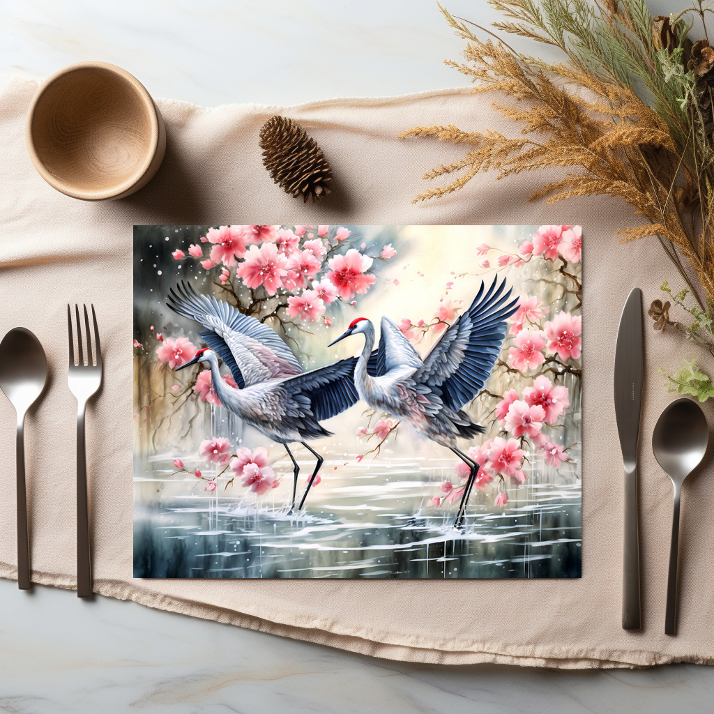 raxxa Premium-Tischset: Cranes in water with floral reflections - immagine 3