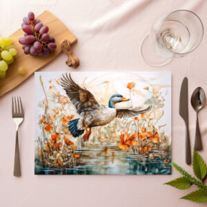 raxxa Premium-Tischset: Mallard flying above pond with flowers