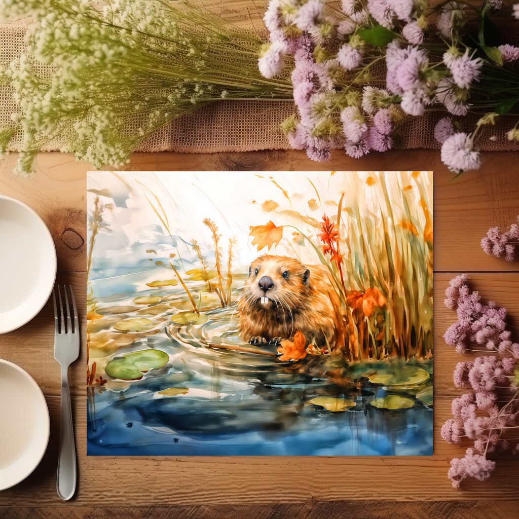 raxxa Premium-Tischset: Beaver sitting by pond among reeds – Bild 3