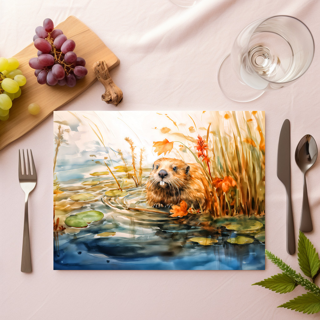 raxxa Premium-Tischset: Beaver sitting by pond among reeds