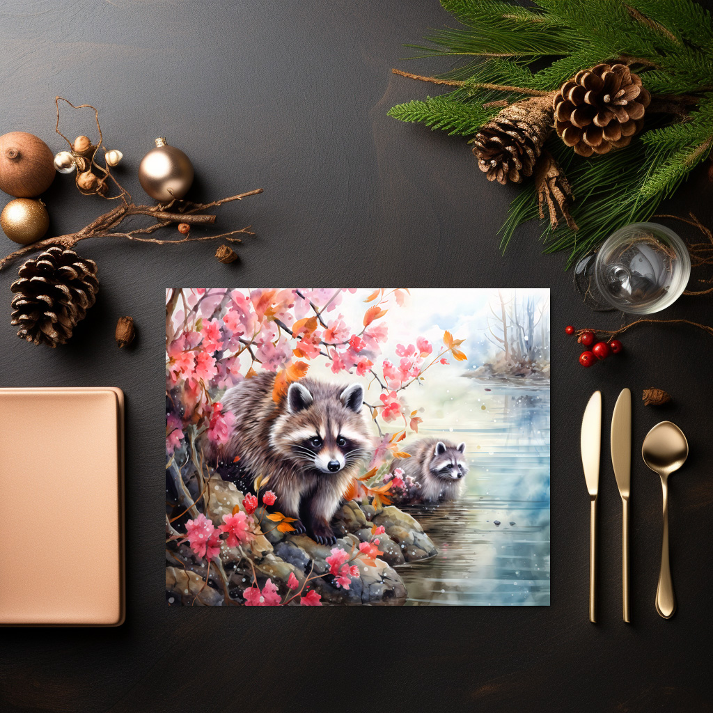 raxxa Premium-Tischset: Raccoons near autumn pond scene – Bild 3