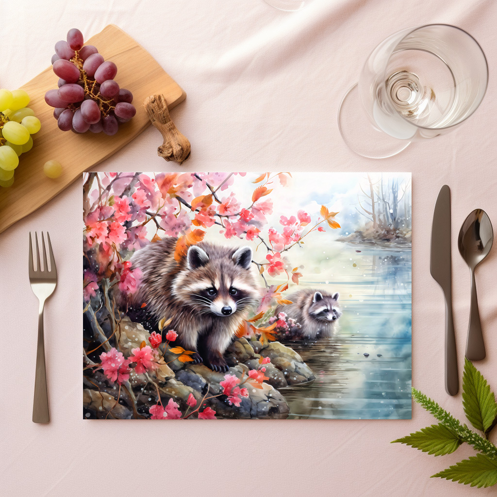 raxxa Premium-Tischset: Raccoons near autumn pond scene