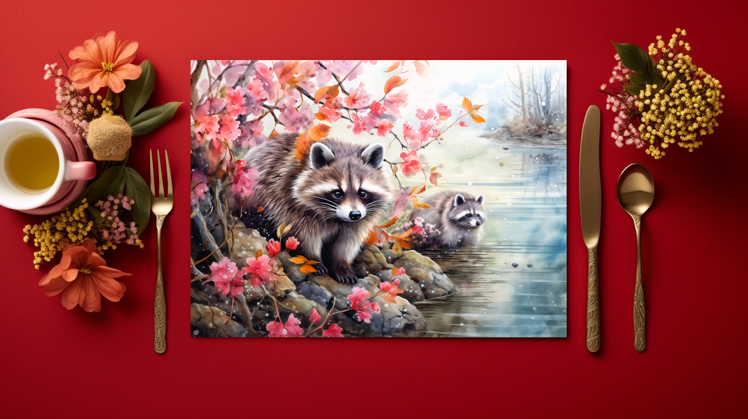 raxxa Premium-Tischset: Raccoons near autumn pond scene – Bild 2