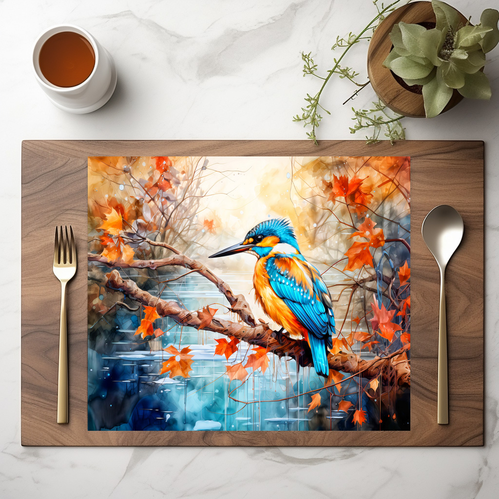 raxxa Premium-Tischset: Kingfisher above pond in painterly style