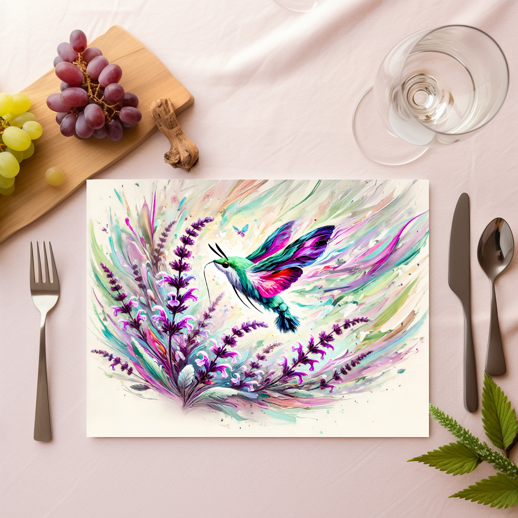 raxxa Premium-Tischset: Hummingbird Hawk-Moth with Sage in Oil Painting
