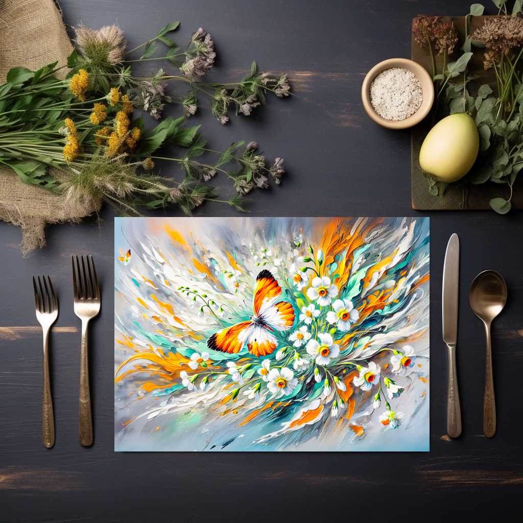 raxxa Premium-Tischset: Orange Tip Butterfly with Daffodils in Oil Painting - immagine 3