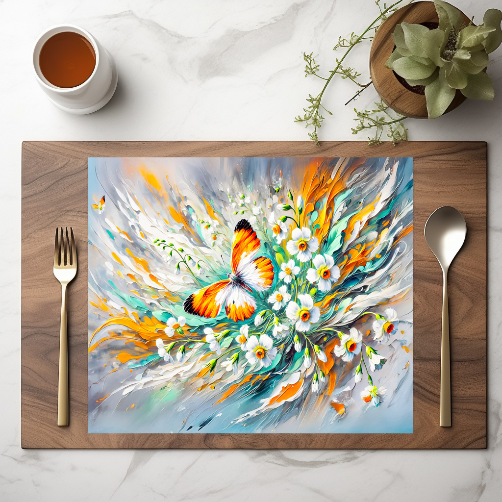 raxxa Premium-Tischset: Orange Tip Butterfly with Daffodils in Oil Painting
