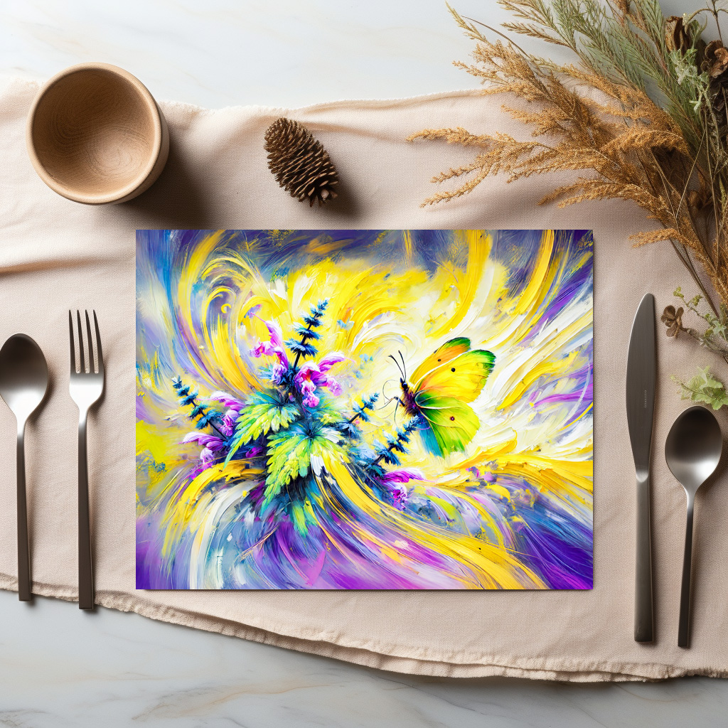raxxa Premium-Tischset: Brimstone Butterfly with Dead Nettle Flowers in Oil Painting – Bild 2