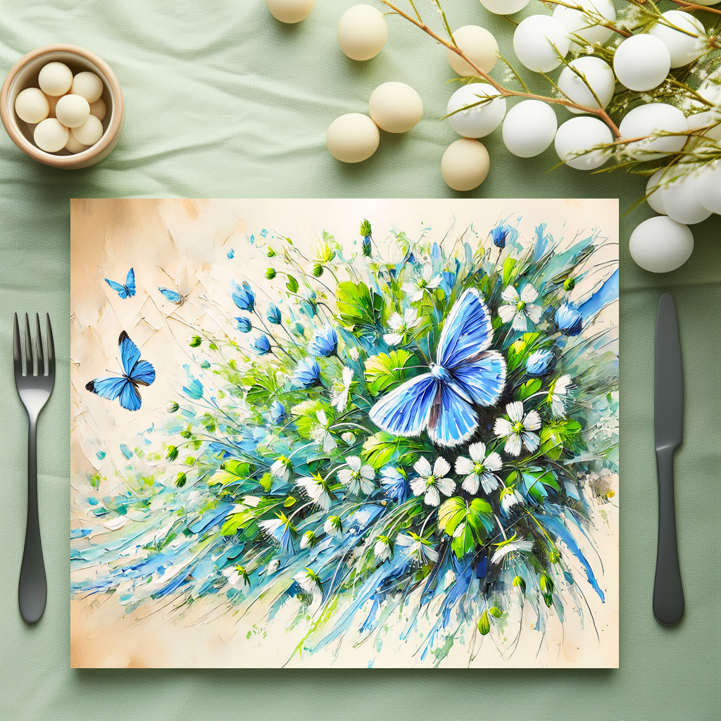 raxxa Premium-Tischset: Blue Butterfly with Forget-Me-Not Flowers in Oil Painting