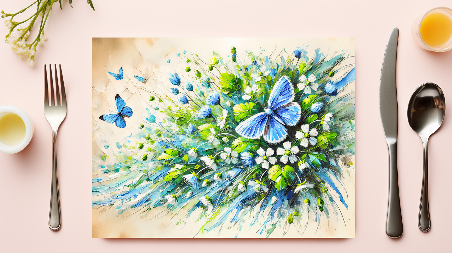 raxxa Premium-Tischset: Blue Butterfly with Forget-Me-Not Flowers in Oil Painting – Bild 2