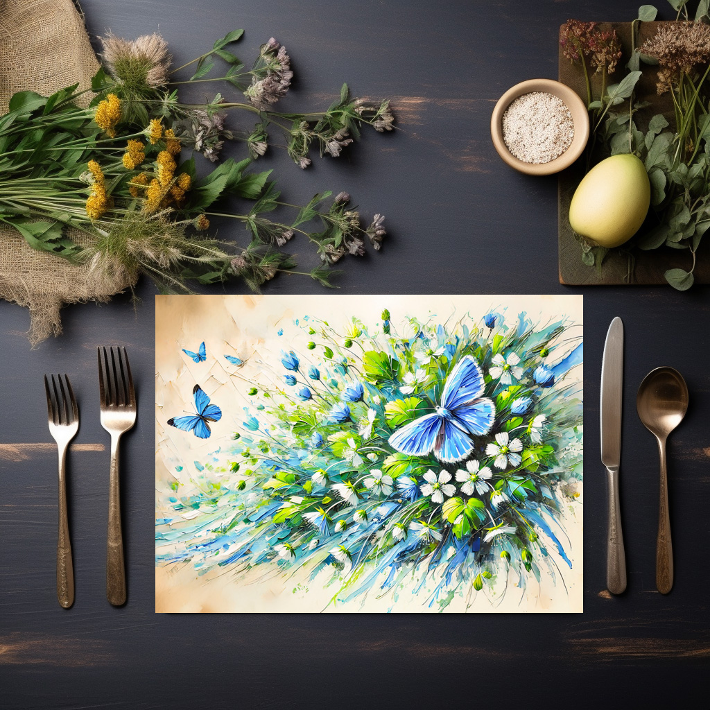 raxxa Premium-Tischset: Blue Butterfly with Forget-Me-Not Flowers in Oil Painting – Bild 3