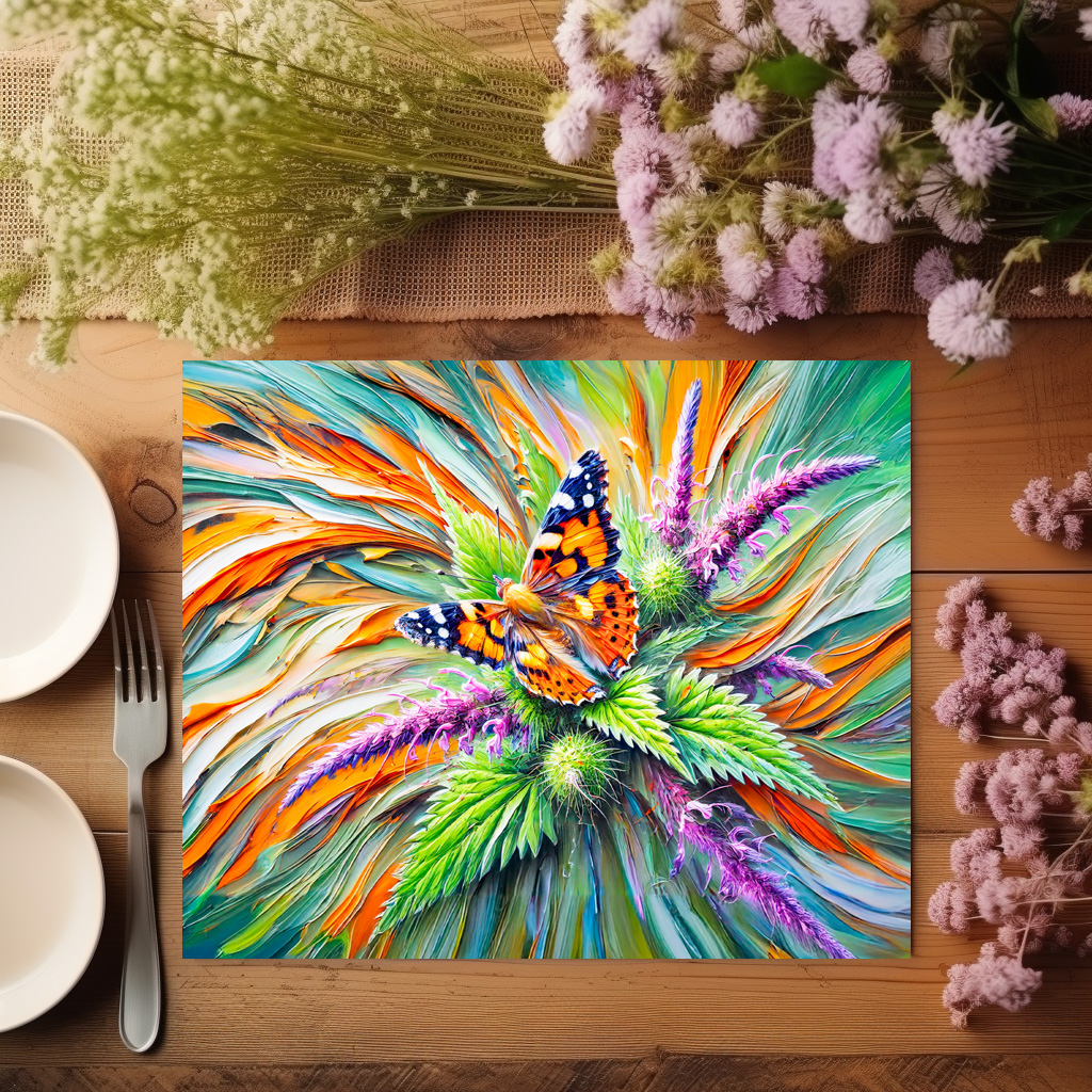 raxxa Premium-Tischset: Painted Lady Butterfly on Nettles in Oil Painting