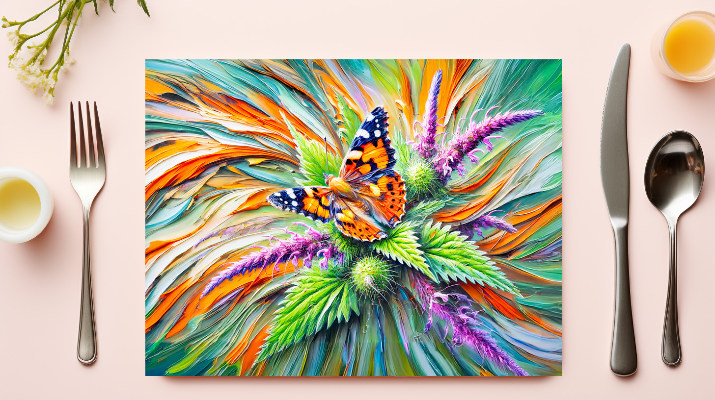 raxxa Premium-Tischset: Painted Lady Butterfly on Nettles in Oil Painting – Bild 3