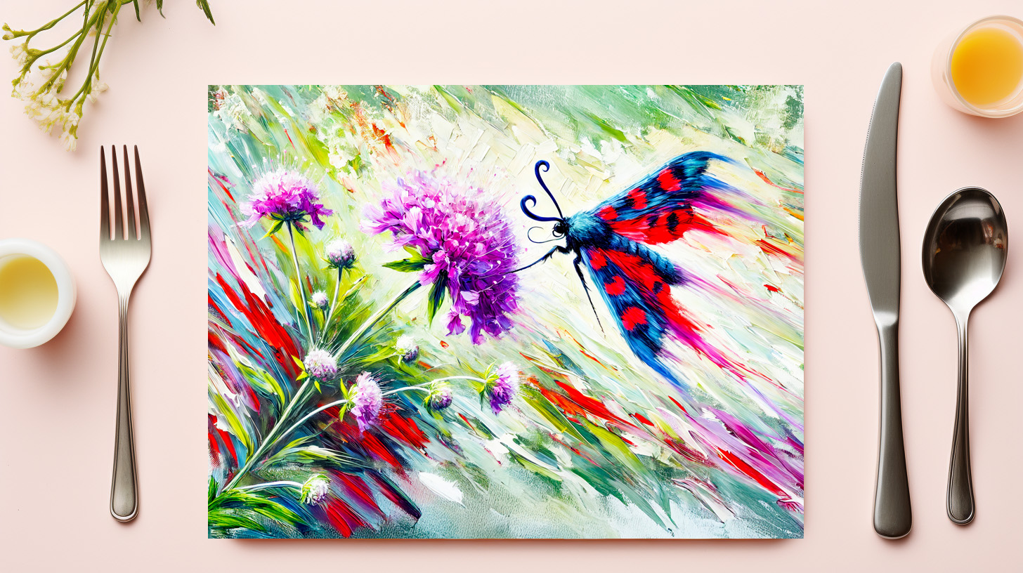 raxxa Premium-Tischset: Six-Spot Burnet Moth on Scabious in Oil Painting – Bild 3