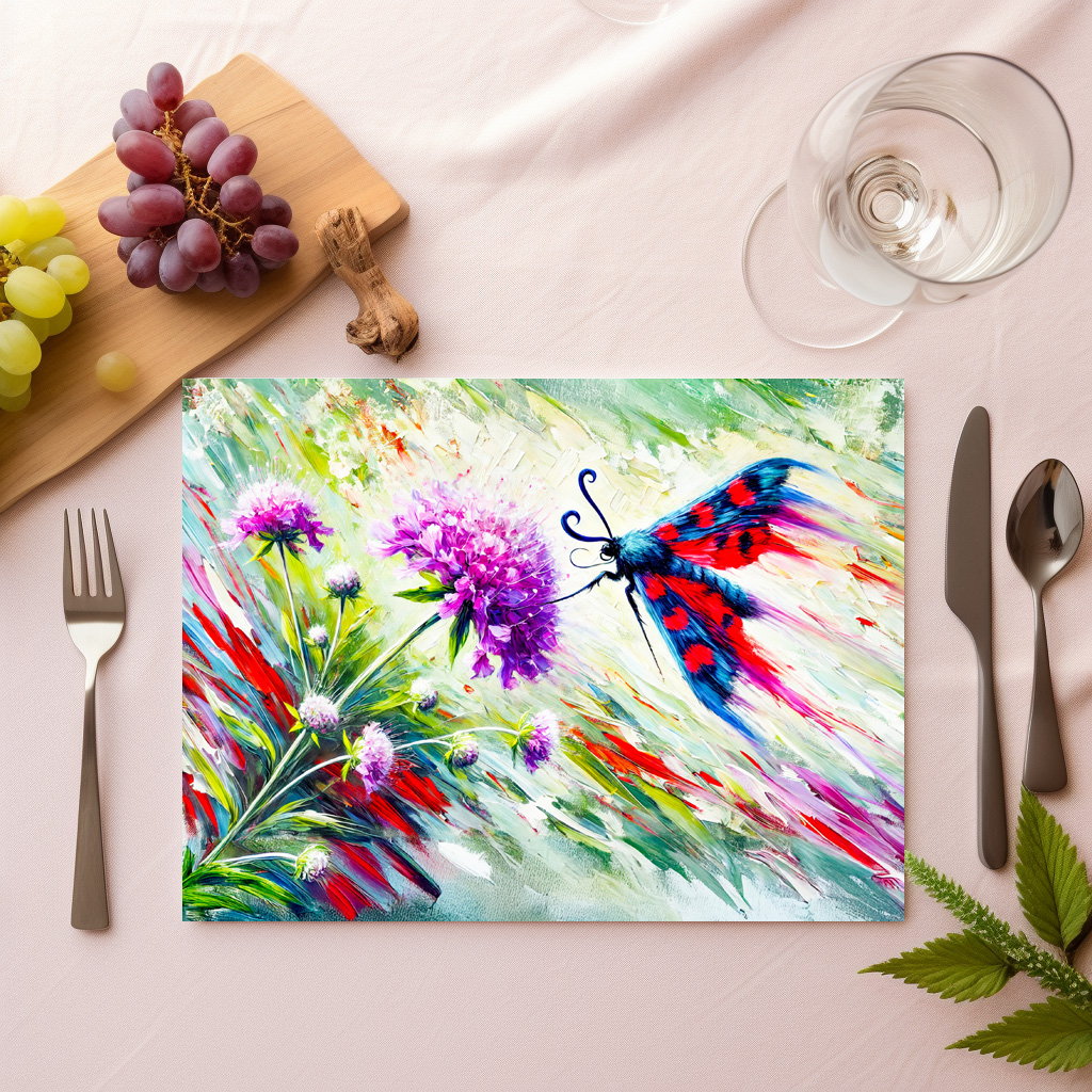 raxxa Premium-Tischset: Six-Spot Burnet Moth on Scabious in Oil Painting