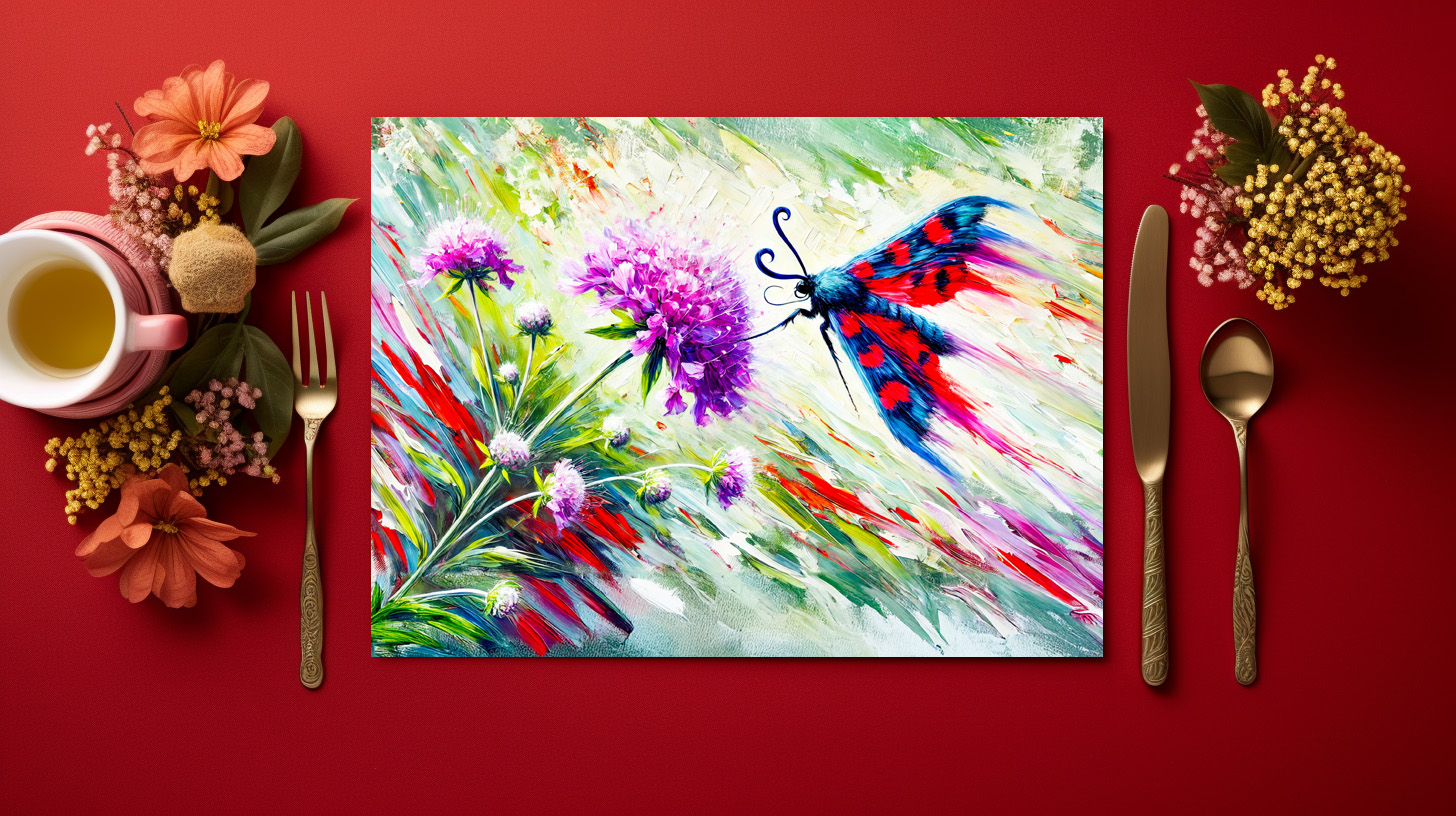 raxxa Premium-Tischset: Six-Spot Burnet Moth on Scabious in Oil Painting – Bild 2