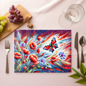 raxxa Premium-Tischset: Peacock Butterfly with Poppies and Cornflowers in Oil Painting