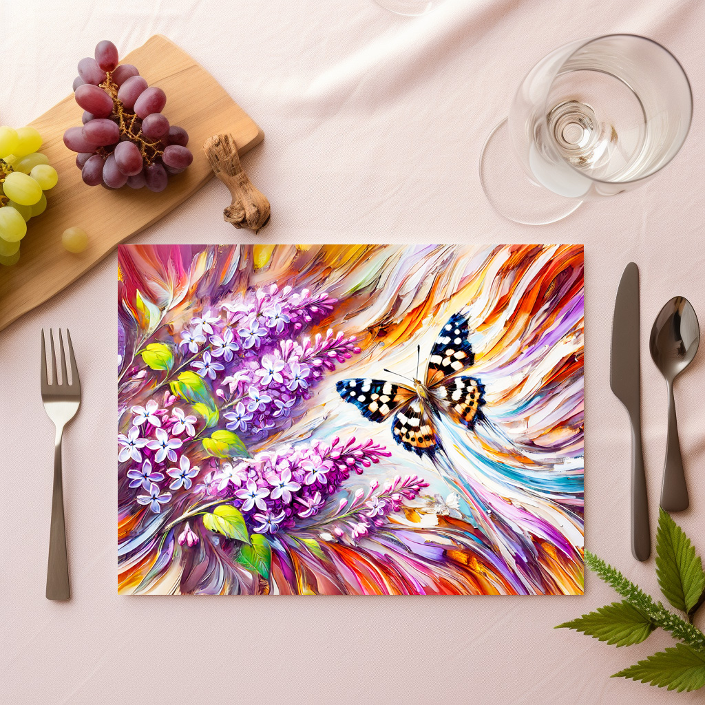 raxxa Premium-Tischset: Speckled Wood Butterfly with Lilac in Oil Painting