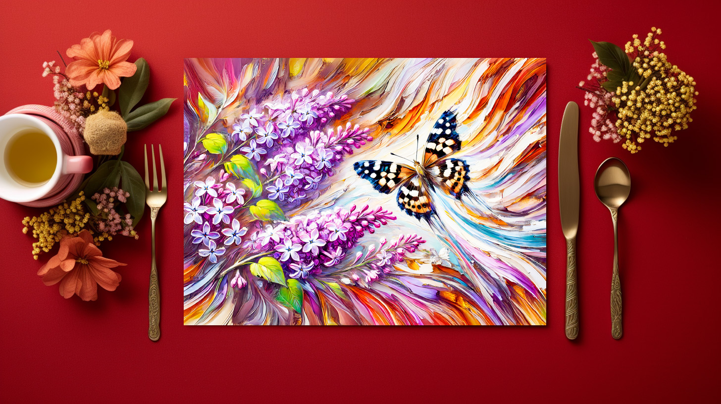 raxxa Premium-Tischset: Speckled Wood Butterfly with Lilac in Oil Painting – Bild 2
