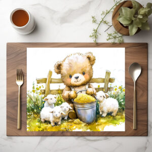 raxxa Premium-Tischset: Teddy Bear Feeding Sheep on Farm