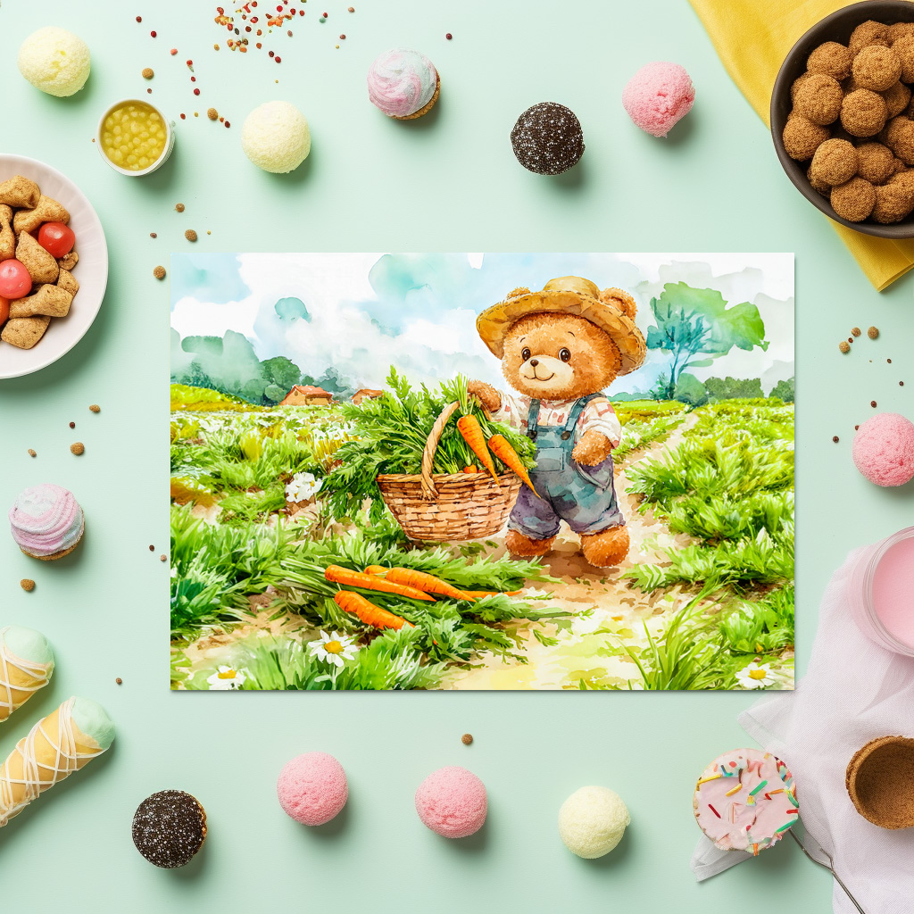raxxa Premium-Tischset: Teddy Bear Harvesting Carrots in a Field