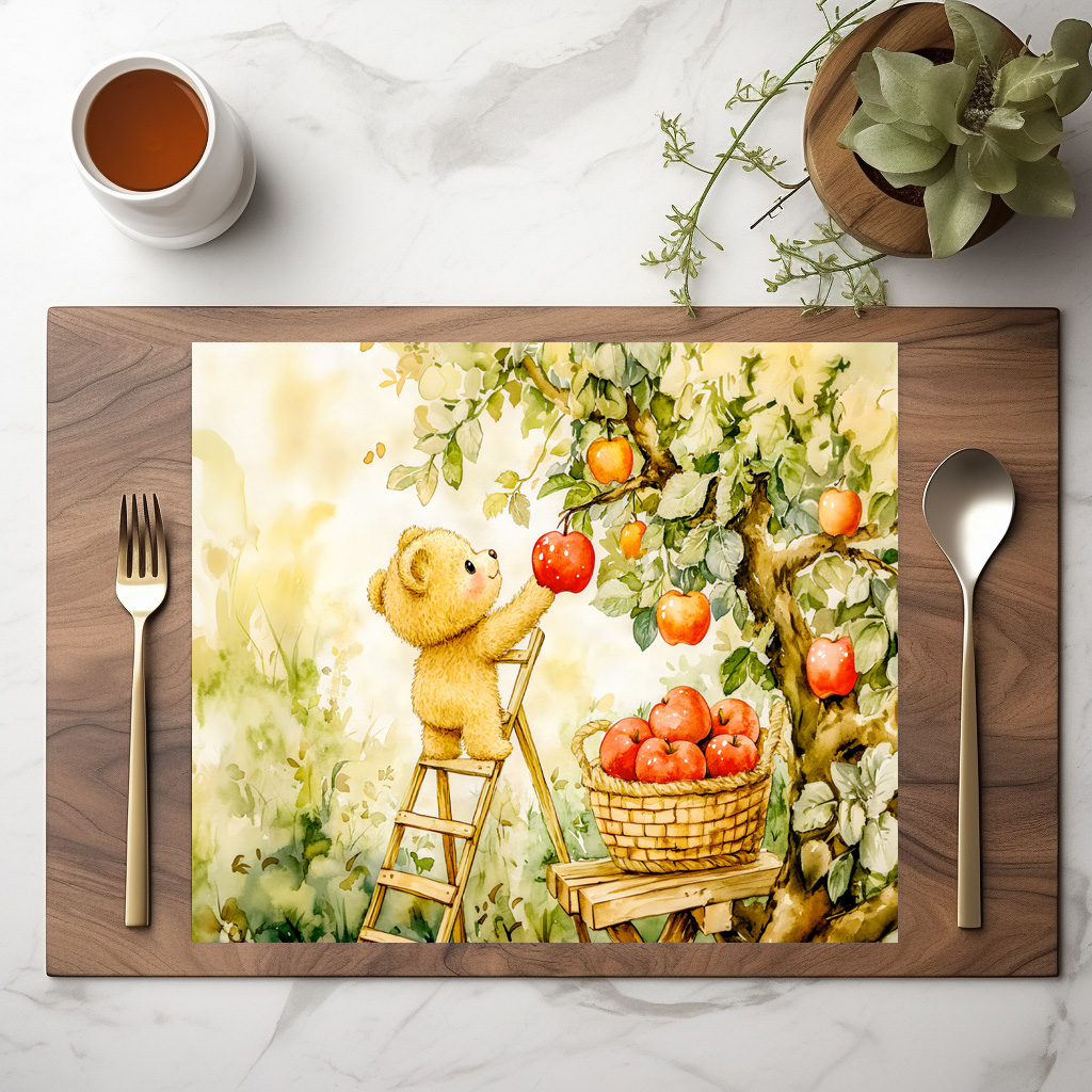 raxxa Premium-Tischset: Teddy Bear Harvesting Apples with Ladder